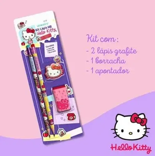 Kit Escolar Hello KITTY com 4 Peças - 2 Lápis, Apontador e Borracha Hello Kit