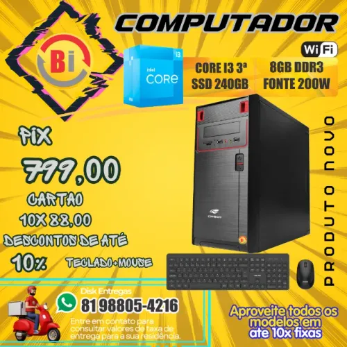 CPU I3, 3.3ghz, 8GB, SSD 240GB + wIFI + Teclado e Mouse