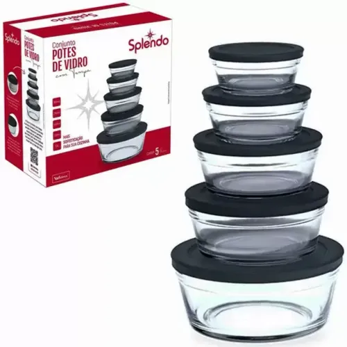 Conjunto Potes De Vidro Com Tampa  5pcs Preto Splendo Wg11124