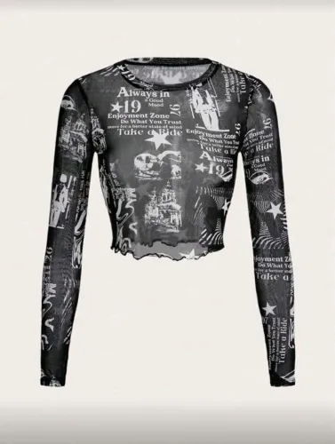 Blusa Segunda Pele Shein Tule Mesh Estampa Jornal