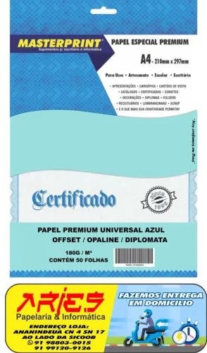 PAPEL OFFSET OPALINE DIPLOMATA AZUL MASTERPRINT A4 50 FOLHAS 180G
