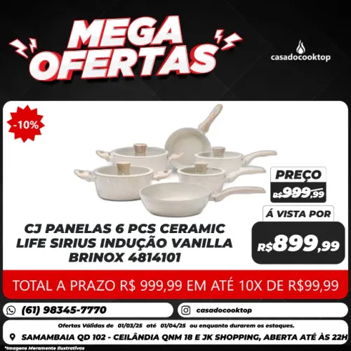 CJ PANELAS 6 PCS CERAMIC LIFE SIRIUS INDUCAO VANILLA BRINOX 4814101