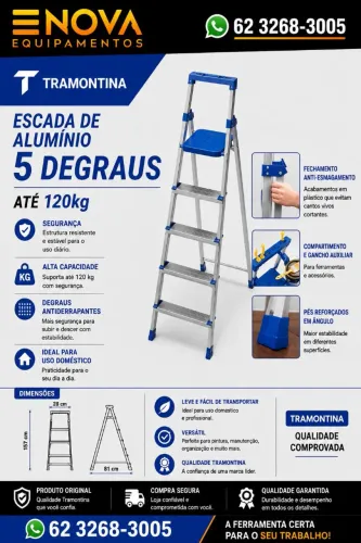 Escada De Alumínio Doméstica 5 Degraus Até 120kg Tramontina