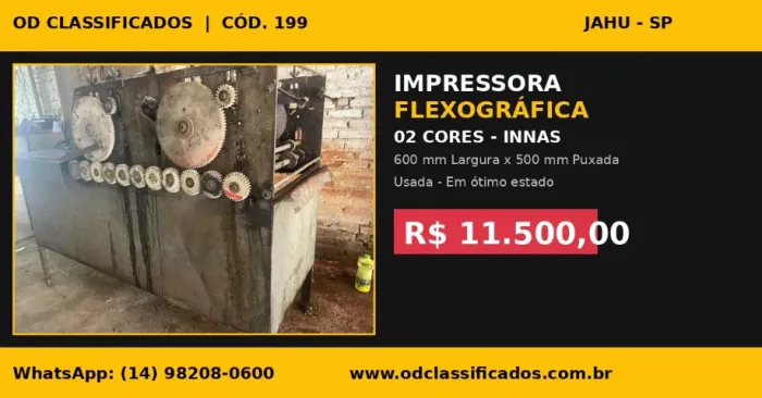 199 Impressora Flexográfica 02 Cores Innas 600 mm de Largura x 500 mm de Puxada, R$ 11.500