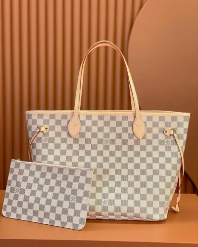 Bolsa Louis Vuitton Neverfull Feminina Tela Damier Azur C/Acabamento em Couro Natura