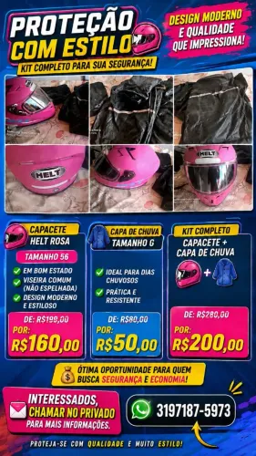 KIT CAPACETE HELT ROSA + CAPA DE CHUVA