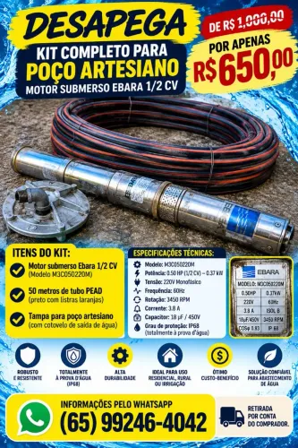 Kit Completo para Poço Artesiano Ebara 1/2 CV + 50 Metros Tubo PEAD + Tampa