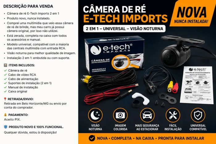 Câmera de Ré Automotiva E-Tech Nova Completa com Visão Noturna