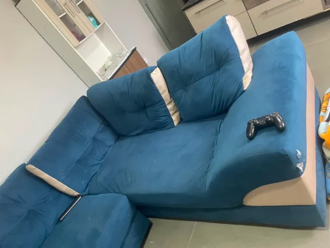 Sofá de Canto em L com Chaise Azul Veludo