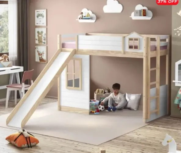 Cama Alta Montessoriana com Escorregador Removível New Garden