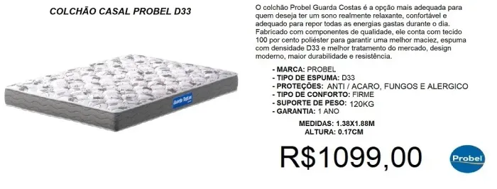 Colchão casal espuma d33 probel - frete gratuito