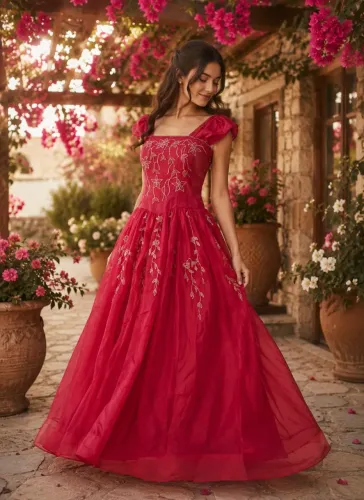 Vestido longo vintage de festa vermelho bordado 