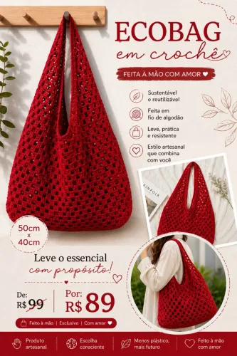 Ecobag em crochê, bolsa de crochê 50x40cm