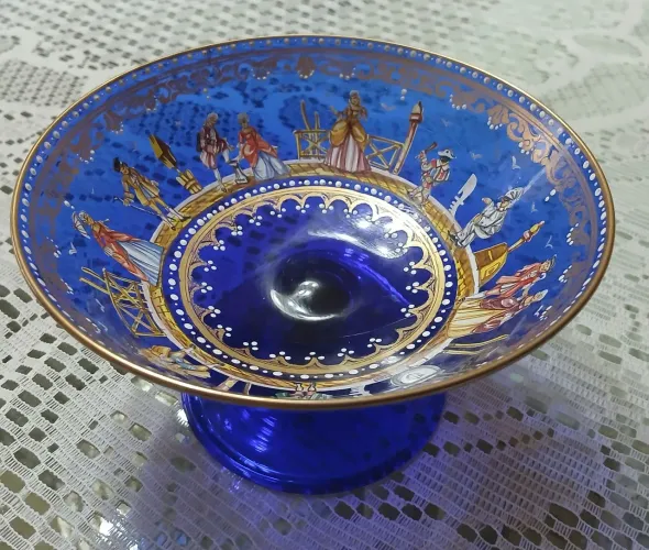 Fruteira Vintage Vidro Azul Cobalto 17cm Estilo Veneziano