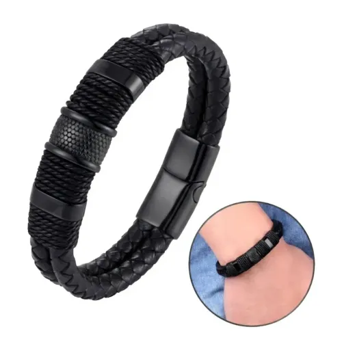 Pulseira Masculina Executiva De Couro Fecho Imã Ródio Negro
