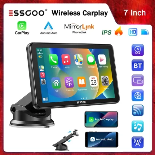 ESSGOO 7 Polegadas Universal Multimídia Carplay Player BluetoothFHD IPS Tela De Toque