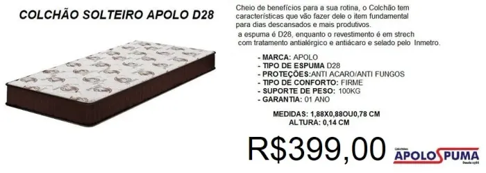 Colchão solteiro D28 Entrega grátis - Parcelamos em até 12x sem juros