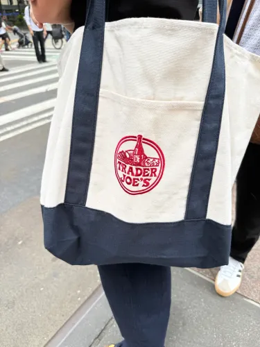 bolsa tote trader joe's lona cru e azul marinho 