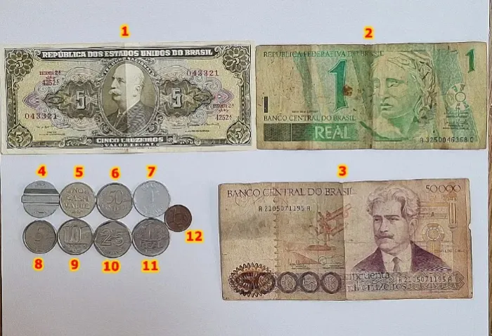 Cedulas e moedas antigas. Décadas de 1960, 1980 e 1990