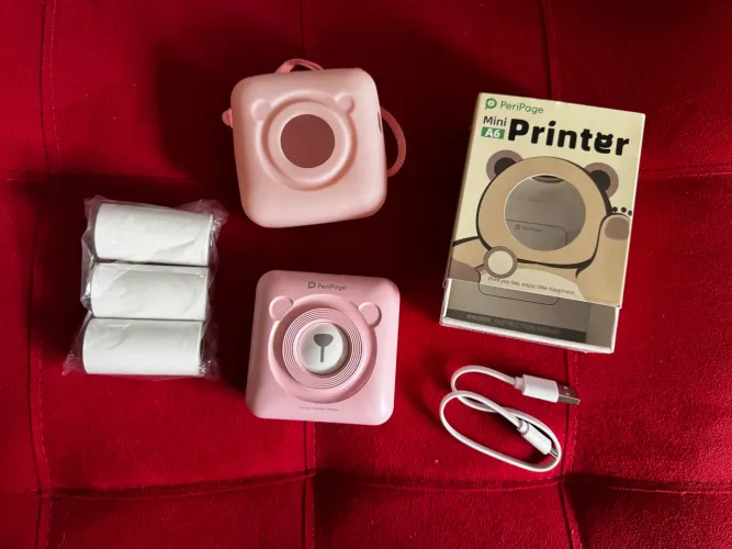 Mini impressora térmica a6 peripage ursinho rosa + papéis + capinha