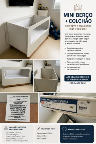 Berço Nuvem Off White/Madeirado + Colchão Ortobom Pró-Saúde Baby