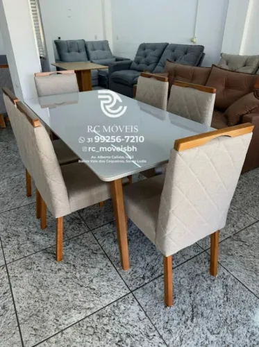 Mesa de jantar 1,70x0,90 Tampo Vidro Laqueado + 6 Lugares Madeira de lei Maciça - Melhor P