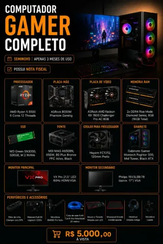 PC Gamer Completo Ryzen 5 5500 RX 7600 + 2 Monitores + Webcam + Microfone