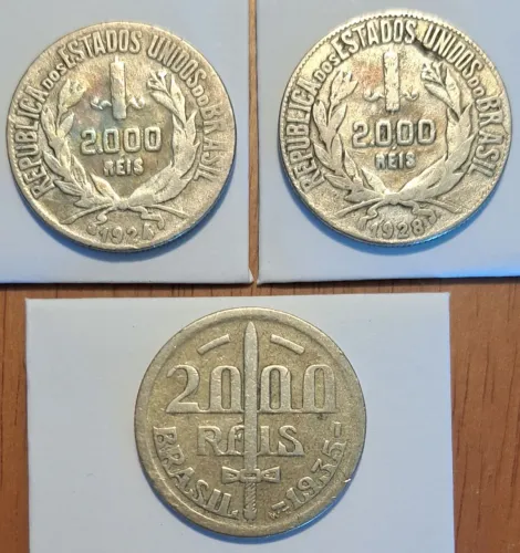 3 moedas de Prata 2000 Réis 1924, 1928, 1935 raridade bem conservadas