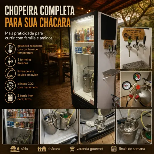 Geladeira Chopeira Completa 3 Torneiras Italianas + Geladeira Expositora + 2 Barris Inox