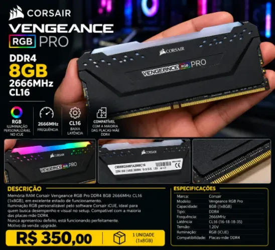 MEMÓRIA CORSAIR VENGEANCE RGB PRO 8GB DDR4