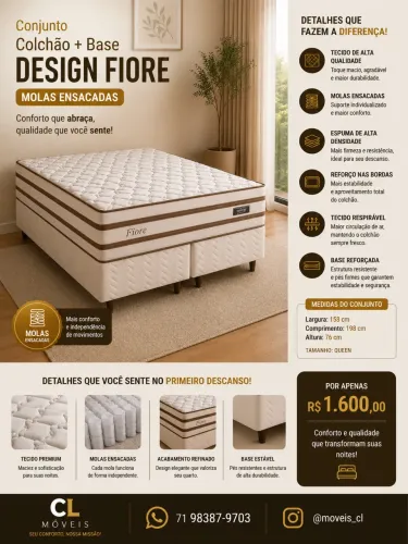 CJ BASE BOX/COLCHAO MOLAS ENSACADAS 158X198X76 DESIGN FIORE BEGE
