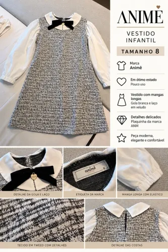 Vestido Infantil Animê Tweed Preto e Branco