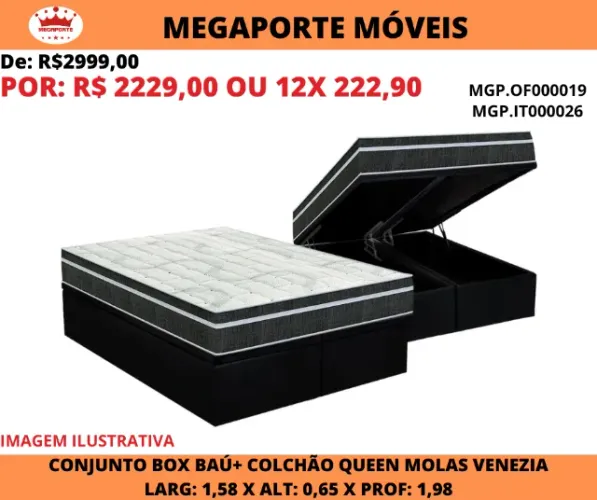 Conjunto Box Baú Queen+ Colchão Molas Bonnel