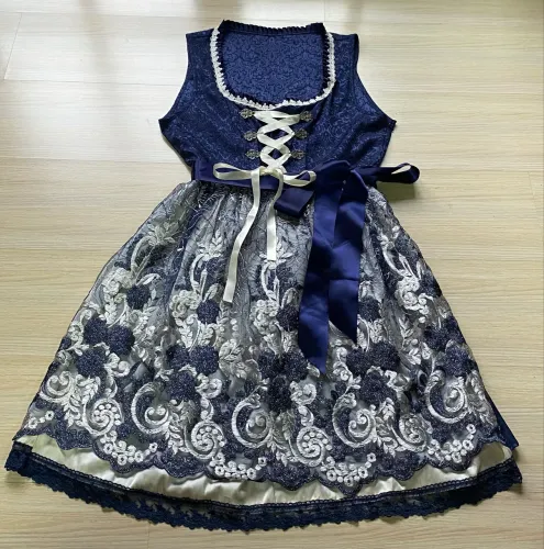 Vestido Traje Típico Alemão Dirndl Feminino Azul Marinho - Tamanho G