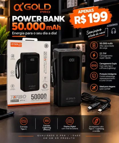 Power Bank 50.000mAh A'Gold BTE-61 Turbo 22.5W - Display Digital (Seminovo Estado de Novo)