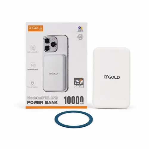 Power Bank Magnético ?GOLD 10.000mAh com *Carregamento Sem Fio - BTE-07B*