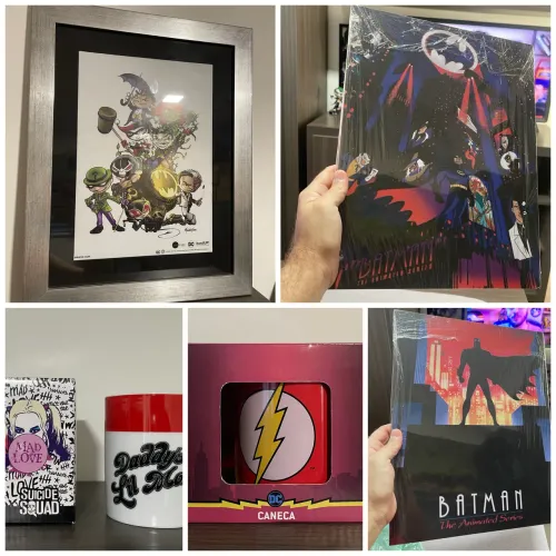 Quadro batman mini co + 2 canecas geek + 2 quadros mdf batman