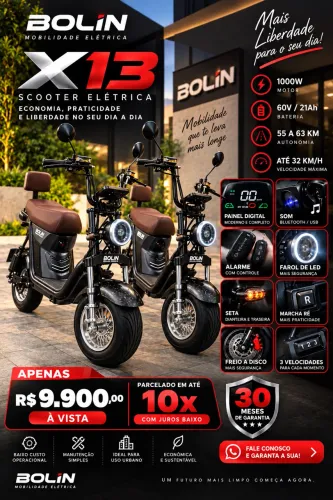 Scooter Elétrica 0km Bolin | LED | Freio a Disco | 3 Velocidades