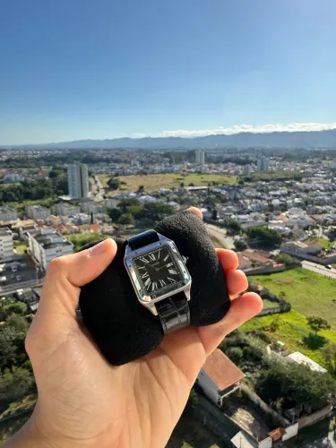 Relógio Masculino Cartier Santos Couro Preto Caixa Fina