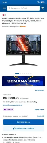 Monitor LG 27" 240hz
