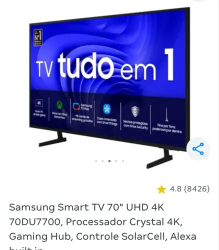 ? Samsung Smart TV 70" UHD 4K 70DU7700 - Imagem incrível + recursos modernos!