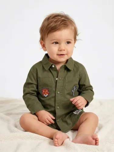 Camisa Infantil Importada La Redoute 100% Algodão Verde Oliva - Tam 18M