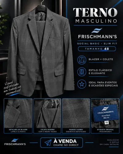 Terno Masculino Frischmann?s Slim Fit Cinza Xadrez - Social Completo