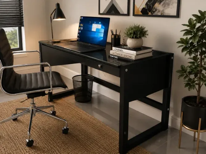 Mesa de Escritório Delluxe. Em Madeira Maciça e Vidro. L105CM X P50cm x A74CM. 1Gaveta.