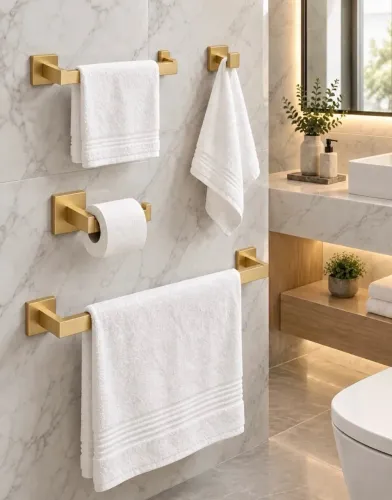 Kit Com 4 Acessórios Banheiro Dourado Elegante Aço Inox 304