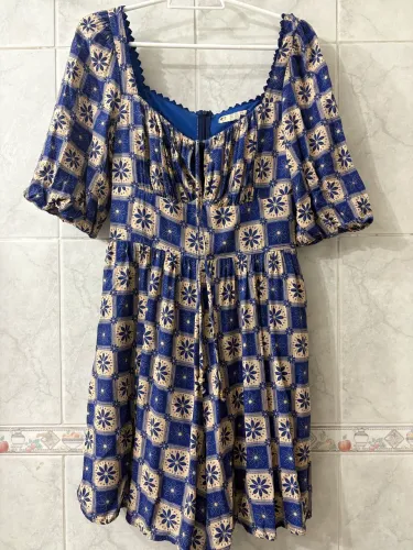 Macaquinho Vestido Antix Azul Bege Tam P