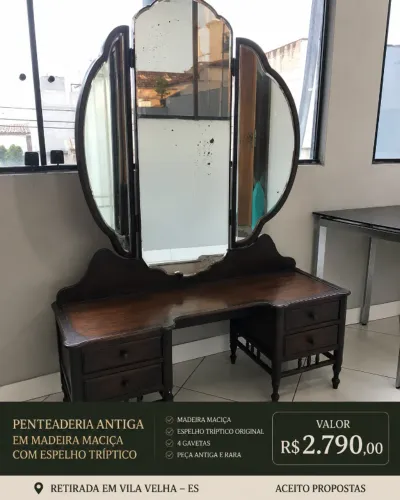 Penteadeira Antiga em Madeira Maciça com Espelho Tríptico