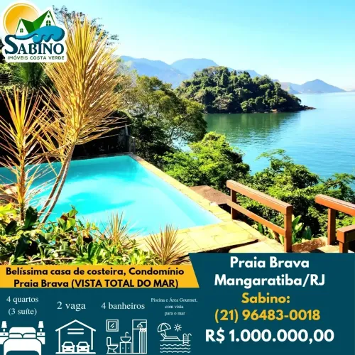 Vendo casa costeira, vista total do mar, 4 quartos, Cond. Praia Brava - Mangaratiba - RJ