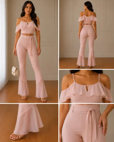 Bazar | Conjunto Rosa Alta Costura com Calça Flare