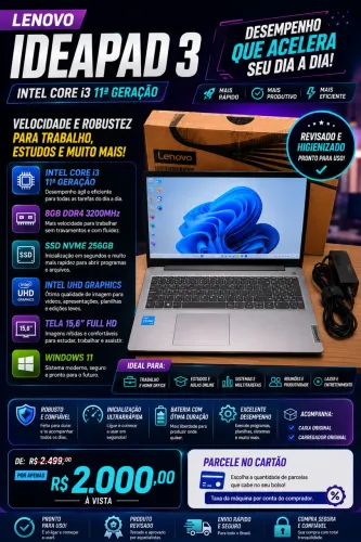 OPORTUNIDADE! Lenovo IdeaPad 3 | Intel Core i3 11ª Geração | SSD NVMe | 8GB RAM
